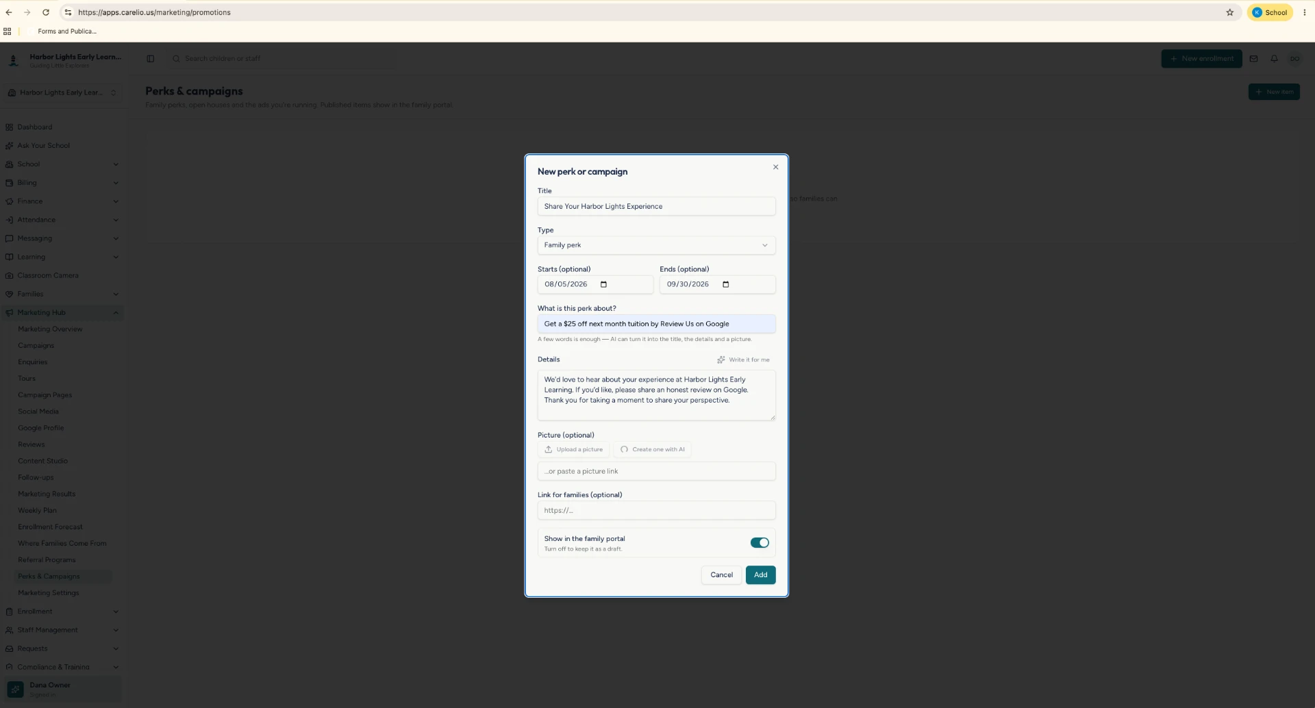 Kemazu.com campaign builder with AI writing support, campaign details, picture options, and family portal controls