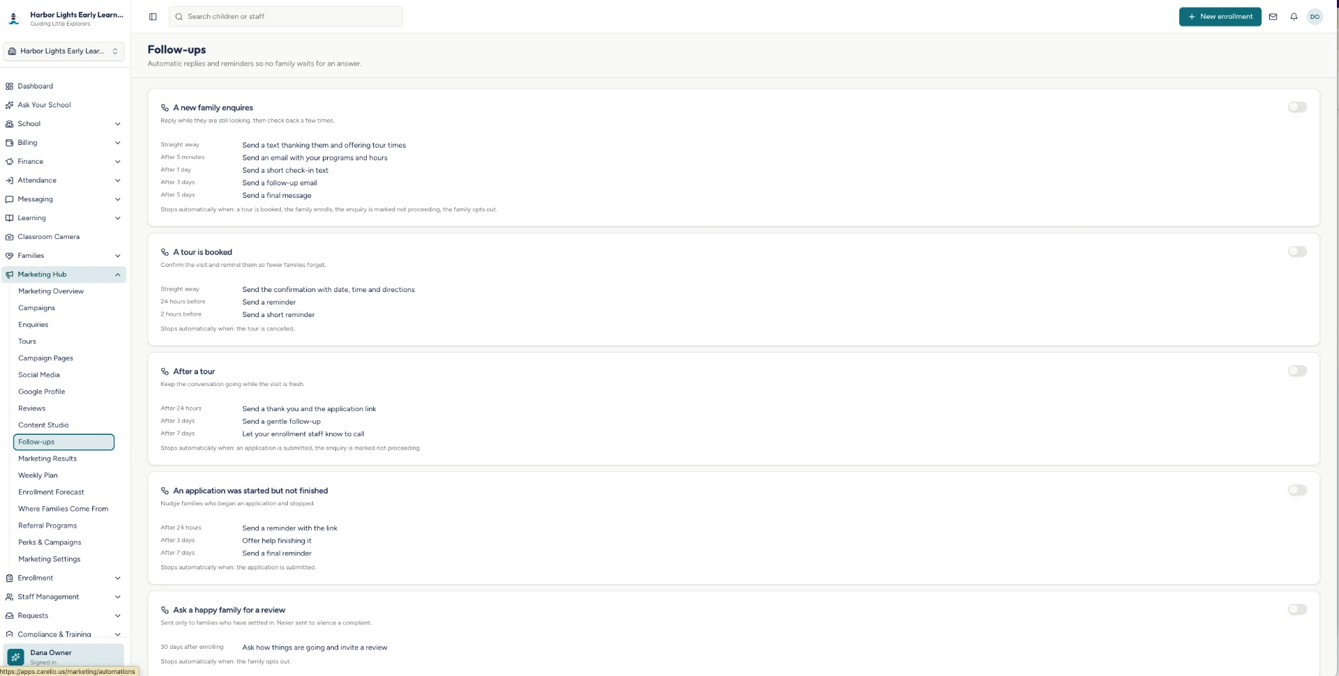Kemazu.com automated follow-up settings for new inquiries, booked tours, completed tours, applications, and reviews