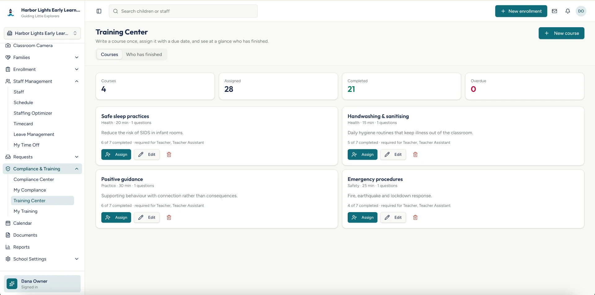 Kemazu.com Training Center showing assigned courses and completion progress